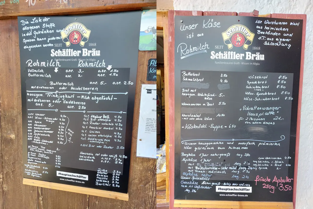 Getränke- und Brotzeitkarte der Alpe Schrattenwang